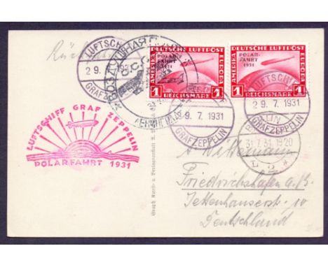 POSTAL HISTORY AIRMAIL: 1931 Graf Zeppelin Polar Flight (S119l). Postcard depicting Graf Zeppelin, franked with two 1RM "Pola