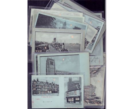 "Hold to light" postcards. A selection of English supposedly evening/night time street views of various towns & cities, but w