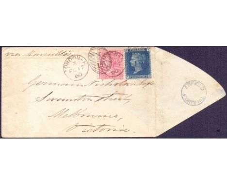 GREAT BRITAIN STAMPS : 1860 envelope franked with 2d blue & 4d surface printed issue, addressed to Melbourne, Victoria. Sent 