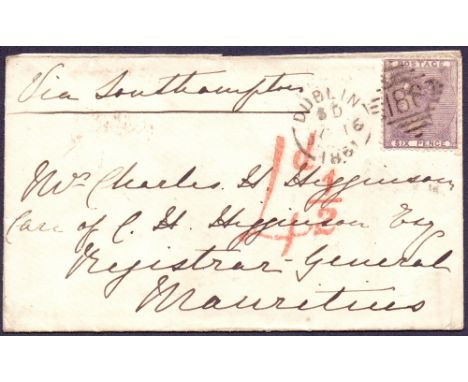 STAMPS : IRELAND 1861 envelope franked with 6d lilac and cancelled with a fine Dublin duplex postmark. Addressed to Mauritius