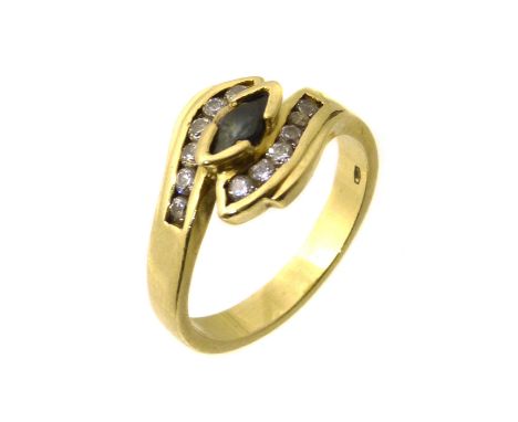 A sapphire dress ring, the marquise shape blue sapphire within a circular shape colourless sapphire crossover surround, stamp