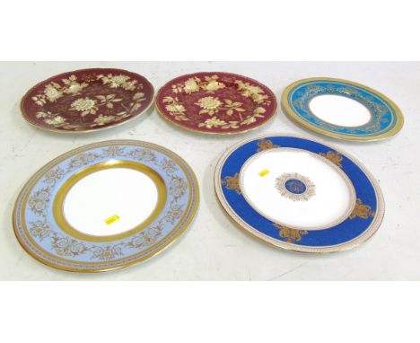 Two Wedgwood ruby tonquin plates Wedgwood powder blue plate and two Minton raised gilt plates Condition reports are not avail