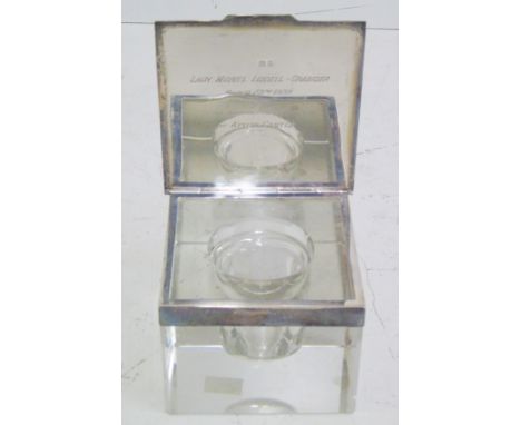 Glass inkwell with engine turned silver lid inscribed Birmingham, 1938. Condition reports are not available for our Interiors