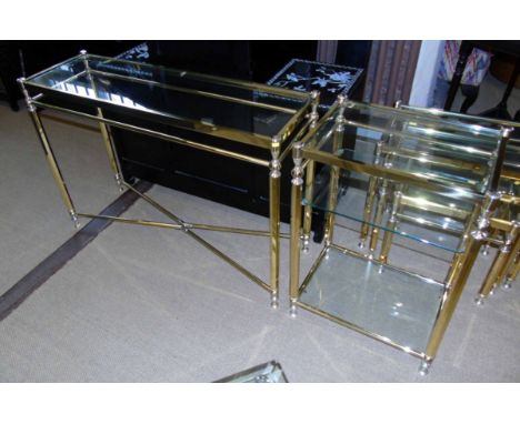 Two brass framed console tables 106x33cm and 50x33cm. Condition reports are not available for our Interiors Sales