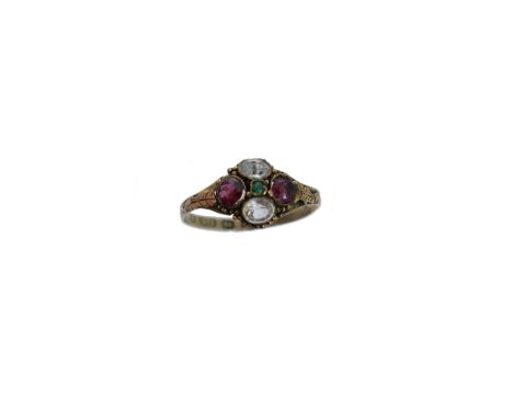 A 9ct gold Victorian vari gem dress ring, the cushion shape emerald within a circular shape garnet and colourless gem quatref