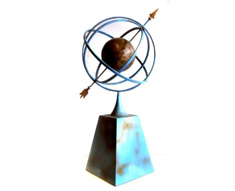 Modern iron armillary sphere sundial in a gilt and blue/green paint effect finish, 95cm high. Condition reports are not avail