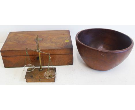 Victorian mahogany writing slope, apothecary scales, one drachm token, 1/2 Drachm token and two scruples coin weights and tre