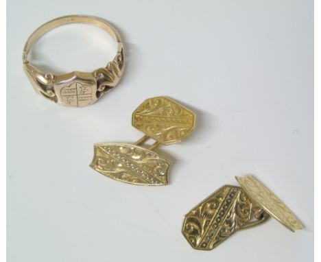 A 9ct gold pair of cufflinks, together with a dress ring, gross weight 8.5g. Condition reports are not available for our Inte