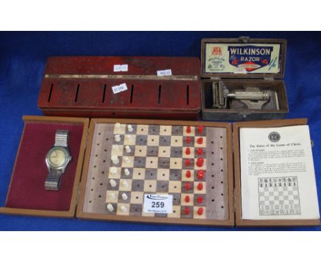 Box of assorted items to include: vintage Utilities moneybox; boxed Wilkinson razor, Empire model; Pallas wristwatch and treb