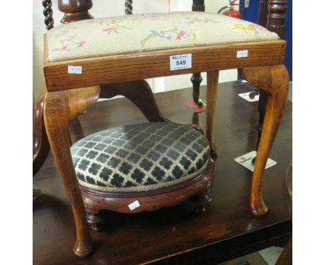 Small oak stool with tapestry seat on cabriole legs, together with a small Victorian oval upholstered footstool. (2)(B.P. 24%