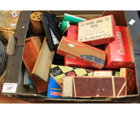 Box of assorted vintage games to include: draughts; dominoes; various playing cards; Merit Casino Roulette in original box et