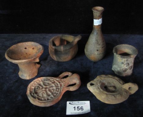 Group of six items of antiquarian style pottery to include: oil lamp; flask; vase; two jars and a Pastille burner. (6)(B.P. 2