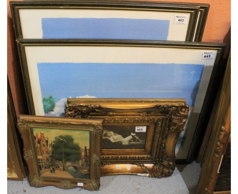 Group of assorted furnishing pictures, Mediterranean prints, small oil painting of Amsterdam, reproduction photographic portr