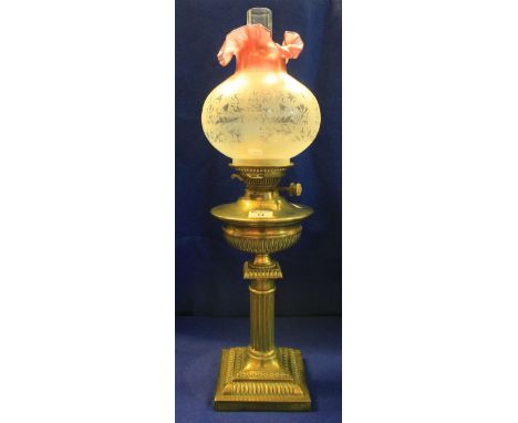 Early 20th Century brass Corinthian column single burner oil lamp marked: Hinks no. 2 Duplex, with florally etched shade, hav
