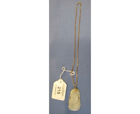 Carved jade pendant on 18ct gold chain.(B.P. 24% incl. VAT)   CONDITION REPORT:  Minor wear and nibbles to edge of pendant.  
