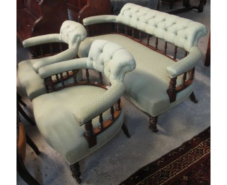 Edwardian mahogany upholstered, button back parlour suite comprising two seater sofa and a pair of tub chairs. (3)(B.P. 24% i