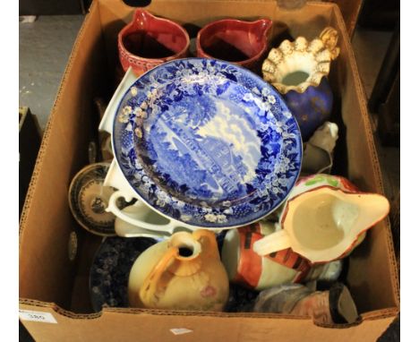 Box of assorted china to include: Wedgwood blue and white plates; various 19th Century and other dresser jugs; pair of blush 