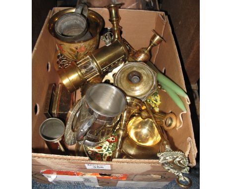 Box of assorted, mainly brass ware, to include: modern miner's lamp; brass candlesticks; trivet stand; copper measure; pewter