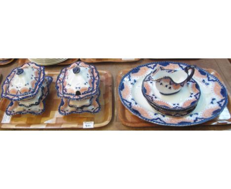 Two trays of late 19th/early 20th Century Doulton Burslem dinnerware items to include: lidded tureens on stands; sauce boat; 