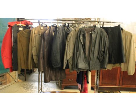 Collection of 1980's vintage leather bomber jackets in various colours, mostly unlabelled. The long brown jacket is labelled 