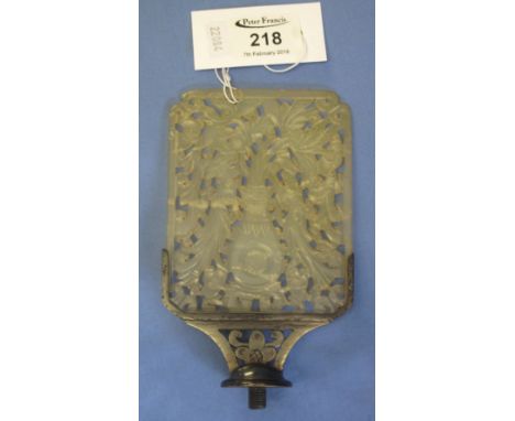 Carved pale green hardstone panel within gilt metal mount, possibly from a contemplation screen, possibly jade.(B.P. 24% incl