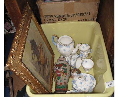 Floral Crown Staffordshire tea service, together with a Chinese Ducai lidded vase, together with an oil on board of galloping