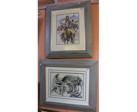 Brian Warburton, portrait of North American Native Red Indians, two, watercolours and ink, signed. 40 x 27cm and 27 x 40cm ap