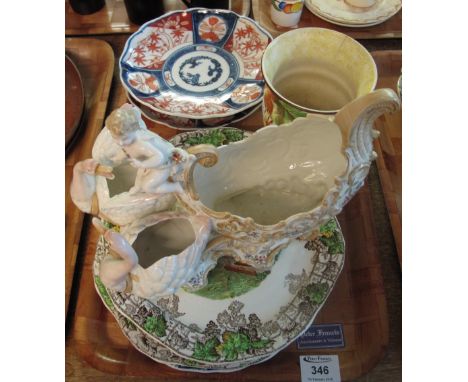 Tray of assorted china to include: Japanese Imari porcelain dishes; Spode's 'Byron' and Spode's 'Italian' plates; ribbed Deco