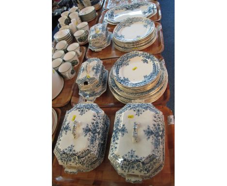 Four trays of 19th Century Stoke Pottery transfer printed dinnerware to include: oval meat dishes; dinner plates; side plates