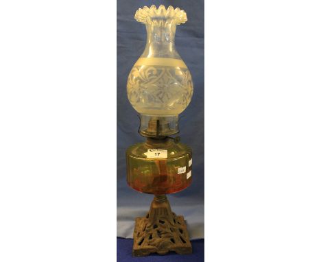 Early 20th Century Art Nouveau style single burner oil lamp with amber glass reservoir and etched shade.(B.P. 24% incl. VAT)
