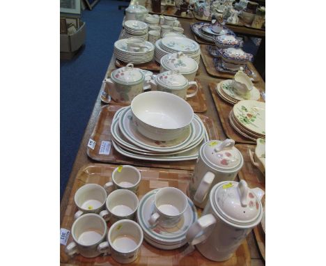 Six trays of Wedgwood oven to table 'Raspberry Cane' tea and dinnerware items comprising: mugs and saucers; egg cups; tureens