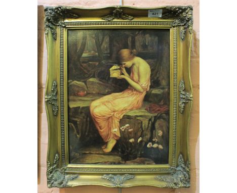 Portrait of a Pre-raphaelite maiden with casket in woodland, reproduction coloured print in gilt frame.  39 x 29cm.(B.P. 24% 