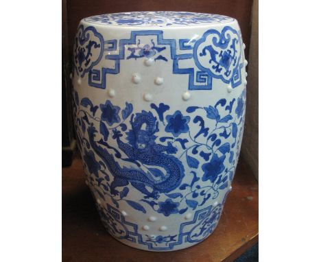 Modern Oriental blue and white barrel shaped garden seat or jardiniere stand.(B.P. 24% incl. VAT)