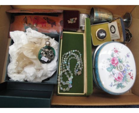 Box of assorted mixed items to include: onyx elephant; presentation, 1906, plated goblet; China trinket box containing assort