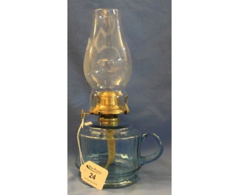 Early 20th Century single burner chamber oil lamp with pale blue glass reservoir and clear glass funnel.(B.P. 24% incl. VAT)