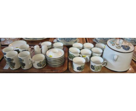 Two trays of Wedgwood oven to table 'Iona' teaware and other items to include: mugs and saucers; salt and pepper; egg cups; l