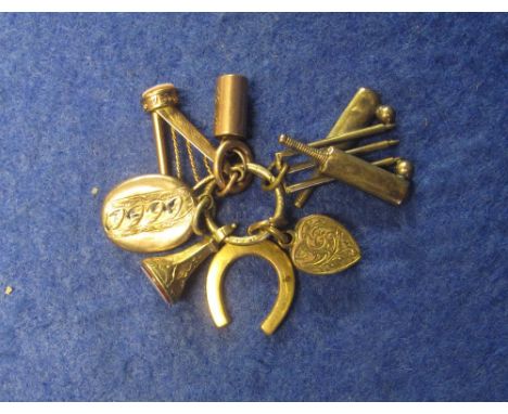 Assorted yellow metal charms to include: cricket bat and stumps; harp; horse shoe etc.(B.P. 24% incl. VAT)