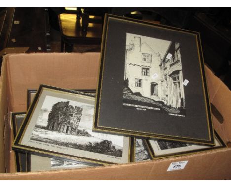 Box of assorted black and white prints, topographical to include local interest: Tenby castle, South gate, Tenby, The Tudor M