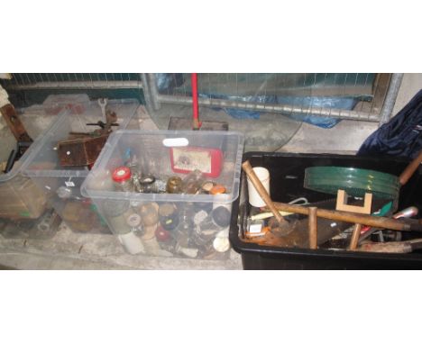 Four plastic boxes containing assorted tools and other items. Various to include: hammers, saws, shears, nuts and bolts etc. 