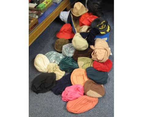 Collection of vintage hats to include: a variety of different colour and patterned turbans, brands include: Peter Bettley, Wo