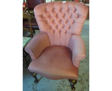 Modern pink upholstered, button back armchair on mahogany cabriole legs.(B.P. 24% incl. VAT)