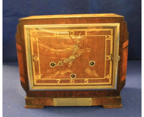 Presentation oak cased square section three train mantel clock, the face marked: Pleasance and Harper, Swansea, presented by 