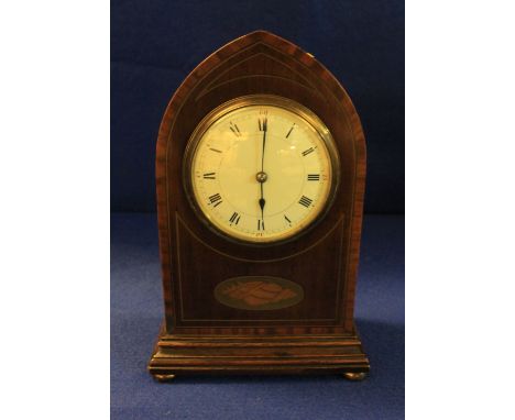 Edwardian shell inlaid mahogany lancet shaped mantel clock raised on four pad type feet, the movement marked: R & Co., made i
