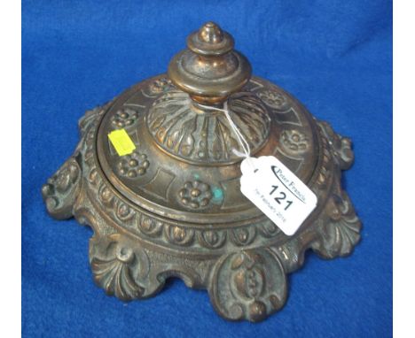 Cast metal bullion shaped, foliate relief shallow dish and cover, probably bronze, and originally gilded.(B.P. 24% incl. VAT)