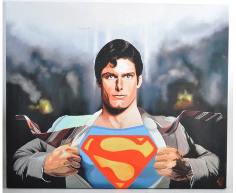 Estate of Dave Prowse - Superman - a large artwork print on canvas depicting Christopher Reeve as Superman. Signed to the rea