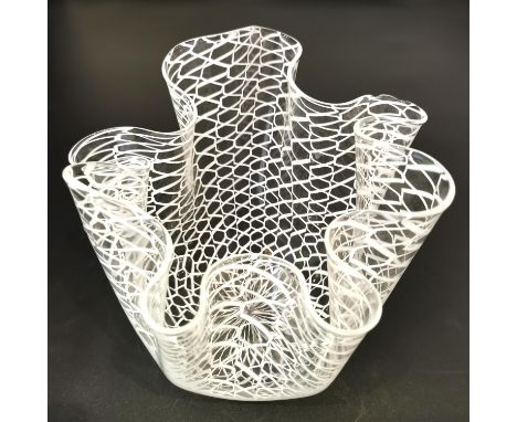 A Murano glass crimped handkerchief vase with opaque latticino decoration by Venini, with an etched signature and label to th