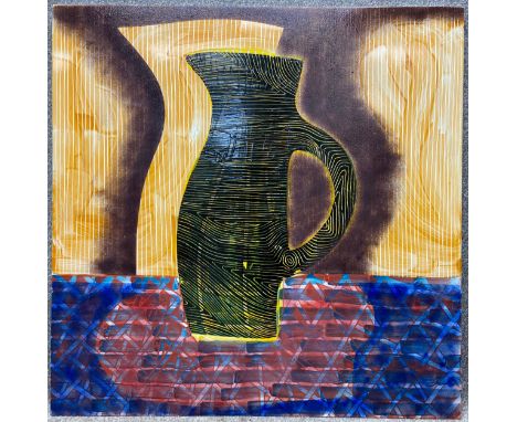 Dale Devereux Barker (b.1962), a signed contemporary vitreous enamel abstract still life vase on steel panel titled 'Vessel' 
