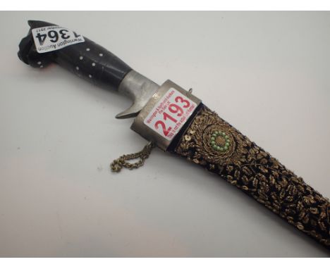 Indian dagger with embossed handle and wire embroidered sheath  CONDITION REPORT: POSTAGE: There are International restrictio