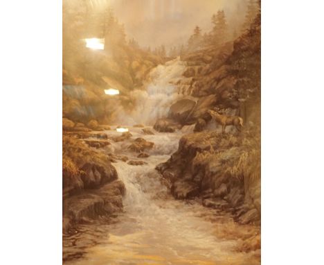 Large framed print of waterfall stag and salmon 50 x 75 CONDITION REPORT: POSTAGE: There are postage restrictions on this ite