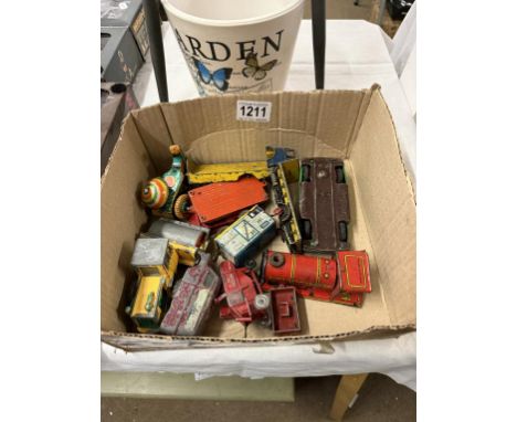 A box of play worn tinplate die cast including Dinky, Corgi &amp; Charbens etc.